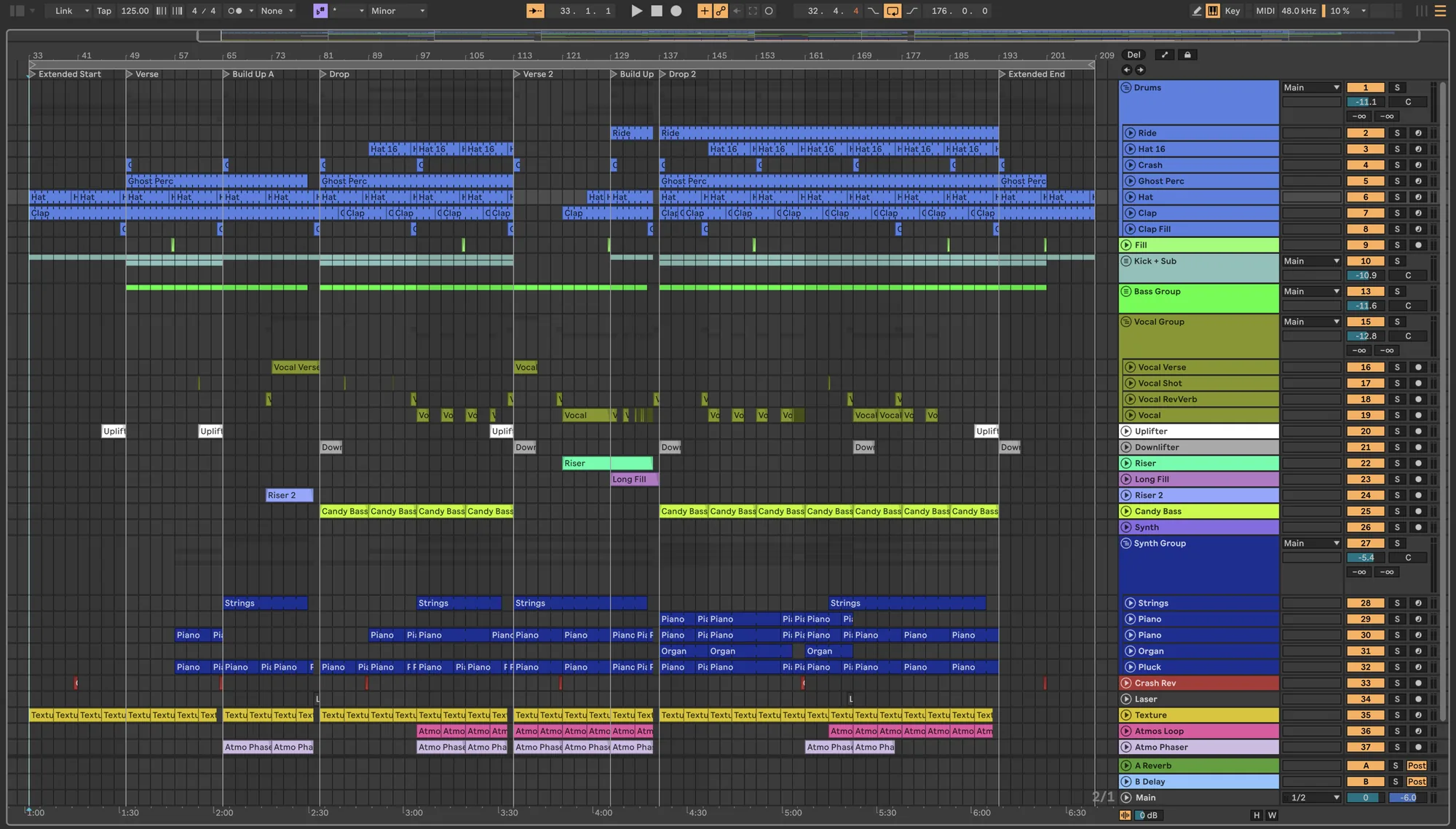 Ableton Live arrangement view of Take The Stairs: 37 tracks, 176 bars at 125 bpm